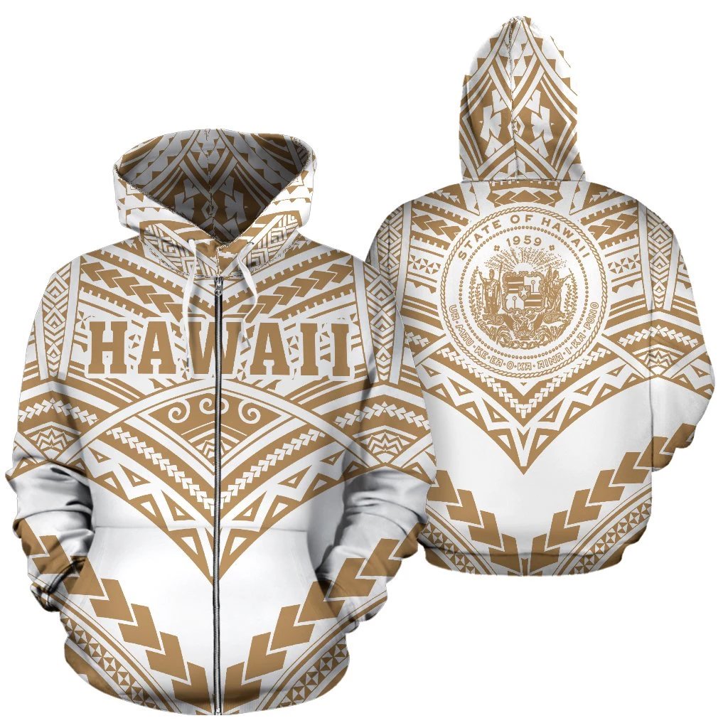 Hawaii Polynesian Zip up Hoodie Tribal New Warrior Style Golden and White Color Unisex Green - Polynesian Pride