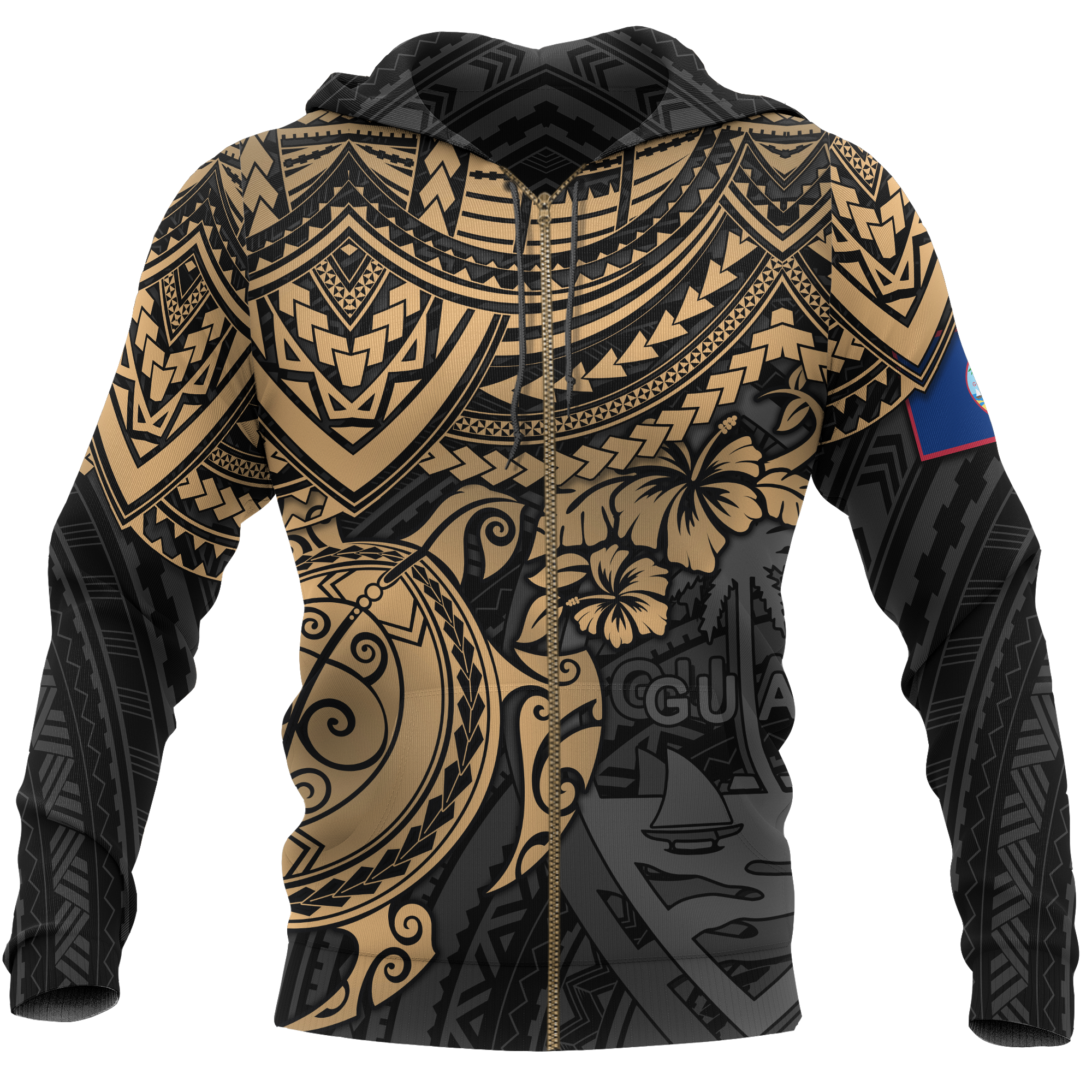 Guam Polynesian Hoodie (Zip up) Golden Turtle Unisex BROWN - Polynesian Pride