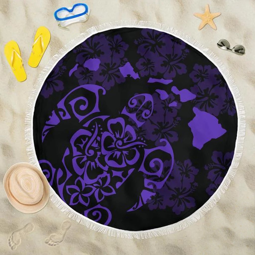 Turtle Hibiscus Map Purple Beach Blanket Beach Blanket 59x59 Purple - Polynesian Pride