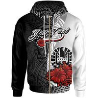 Tahiti Polynesian Custom Zip up Hoodie Coat of Arm With Hibiscus White Unisex White - Polynesian Pride