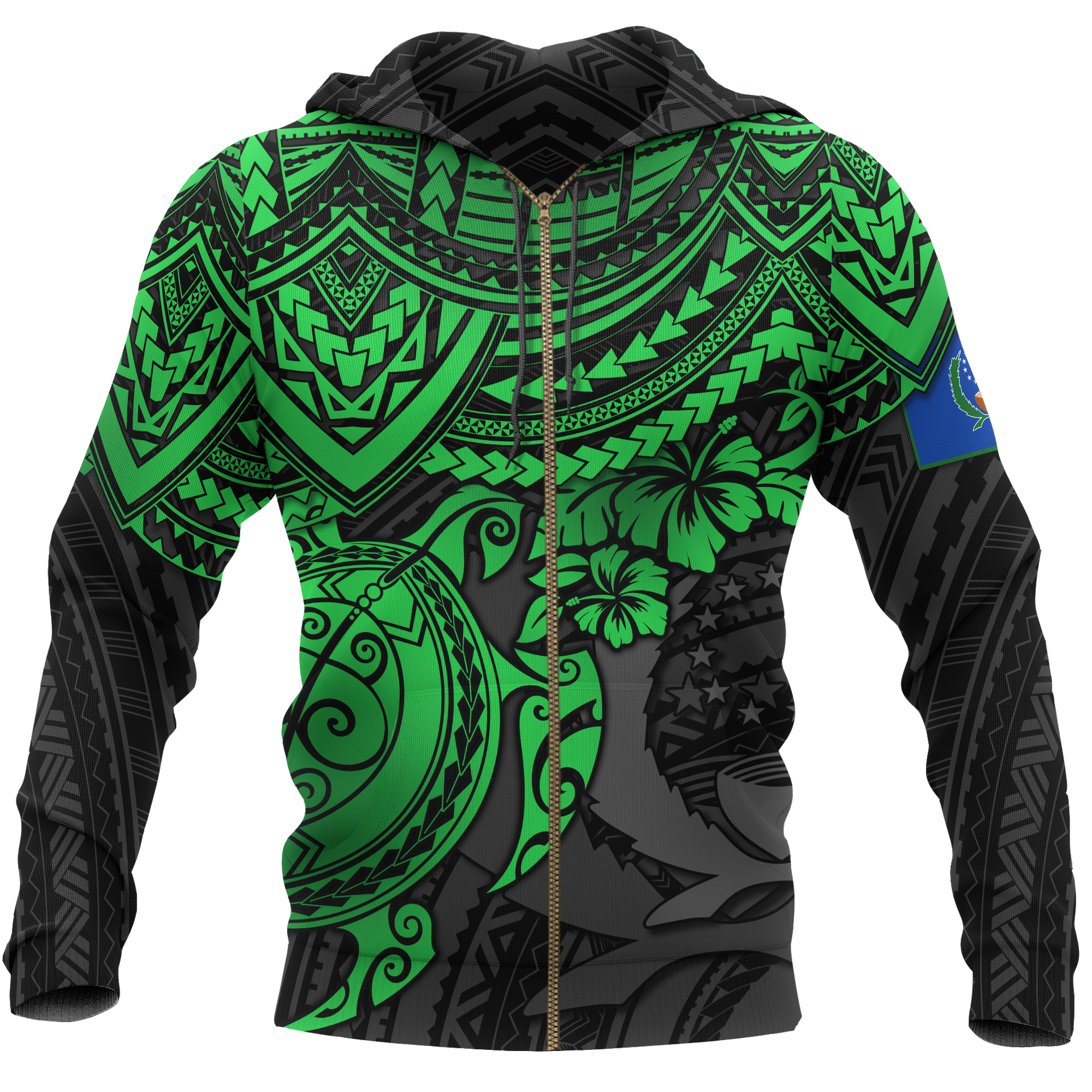 Pohnpei Polynesian Zip Hoodie Polynesian Green Turtle Unisex GREEN - Polynesian Pride