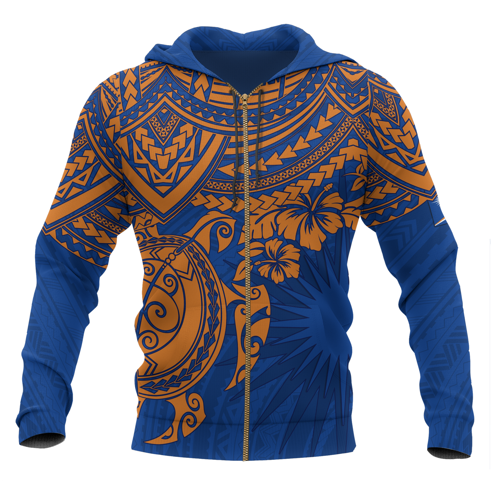 Marshall Islands Polynesian Zip up Hoodie Blue Turtle Unisex Blue - Polynesian Pride