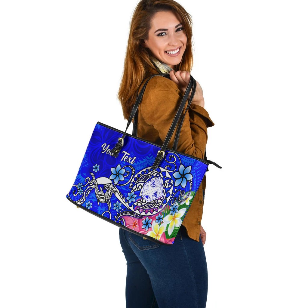 Fiji Custom Personalised Large Leather Tote Bag - Turtle Plumeria (Blue) Blue - Polynesian Pride