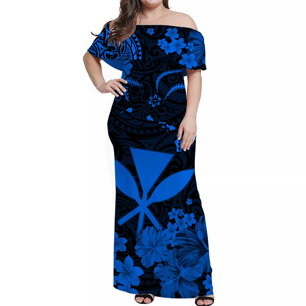 Hawaii Off Shoulder Long Dress Polynesia Blue Kanaka Maoli LT13 Women Blue - Polynesian Pride