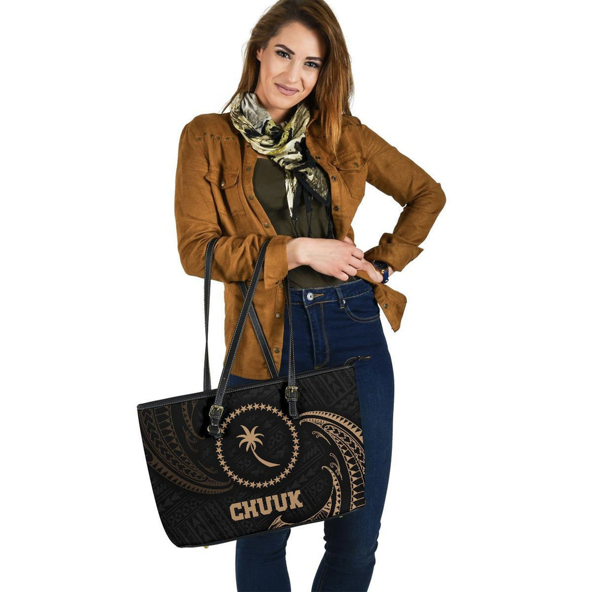 Chuuk Micronesia Leather Tote Bag - Gold Tribal Wave - Polynesian Pride