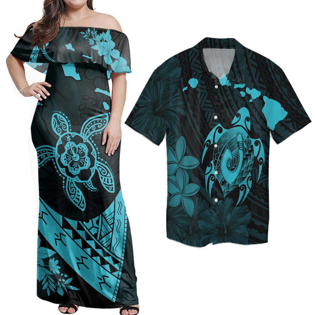 Hawaii Matching Dress and Hawaiian Shirt Hawaii Map Turtle Plumeria Hibiscus Fish Hook Polynesian Blue RLT14 - Polynesian Pride