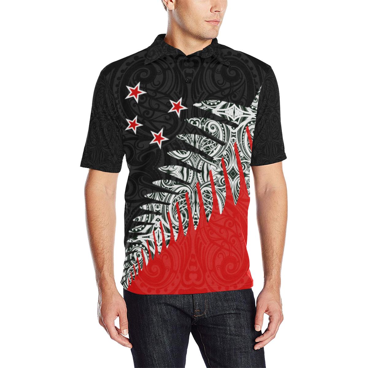 Maori Fern Black and Red Polo T Shirt Unisex Black - Polynesian Pride