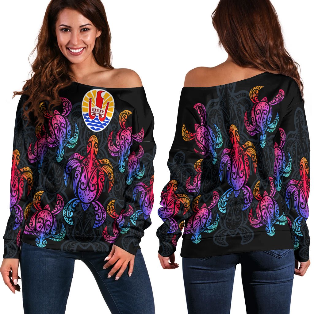 Tahiti Women's Off Shoulder Sweater - Sea Turtle In Tribal Polynesian Style Black - Polynesian Pride