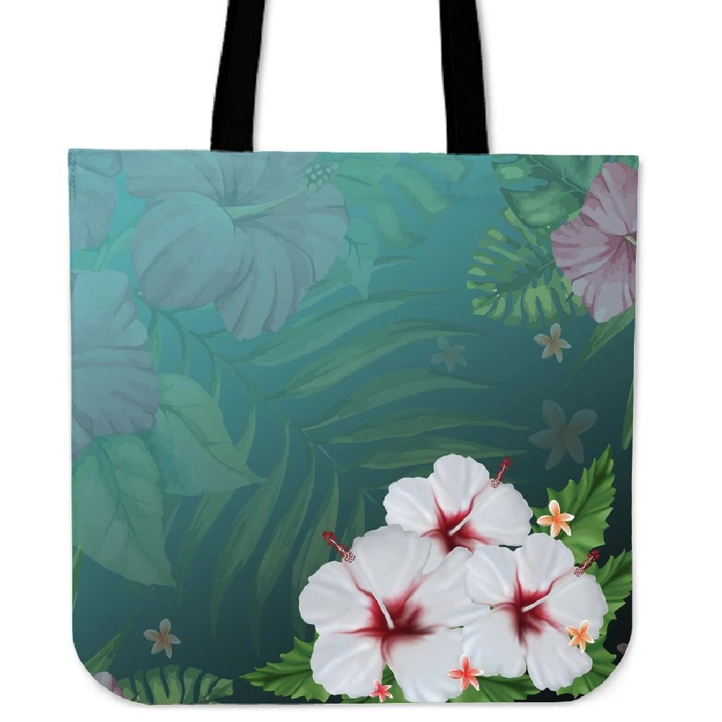 Hibiscus White Flower Gleeful Tote Bag Tote Bag One Size Green - Polynesian Pride