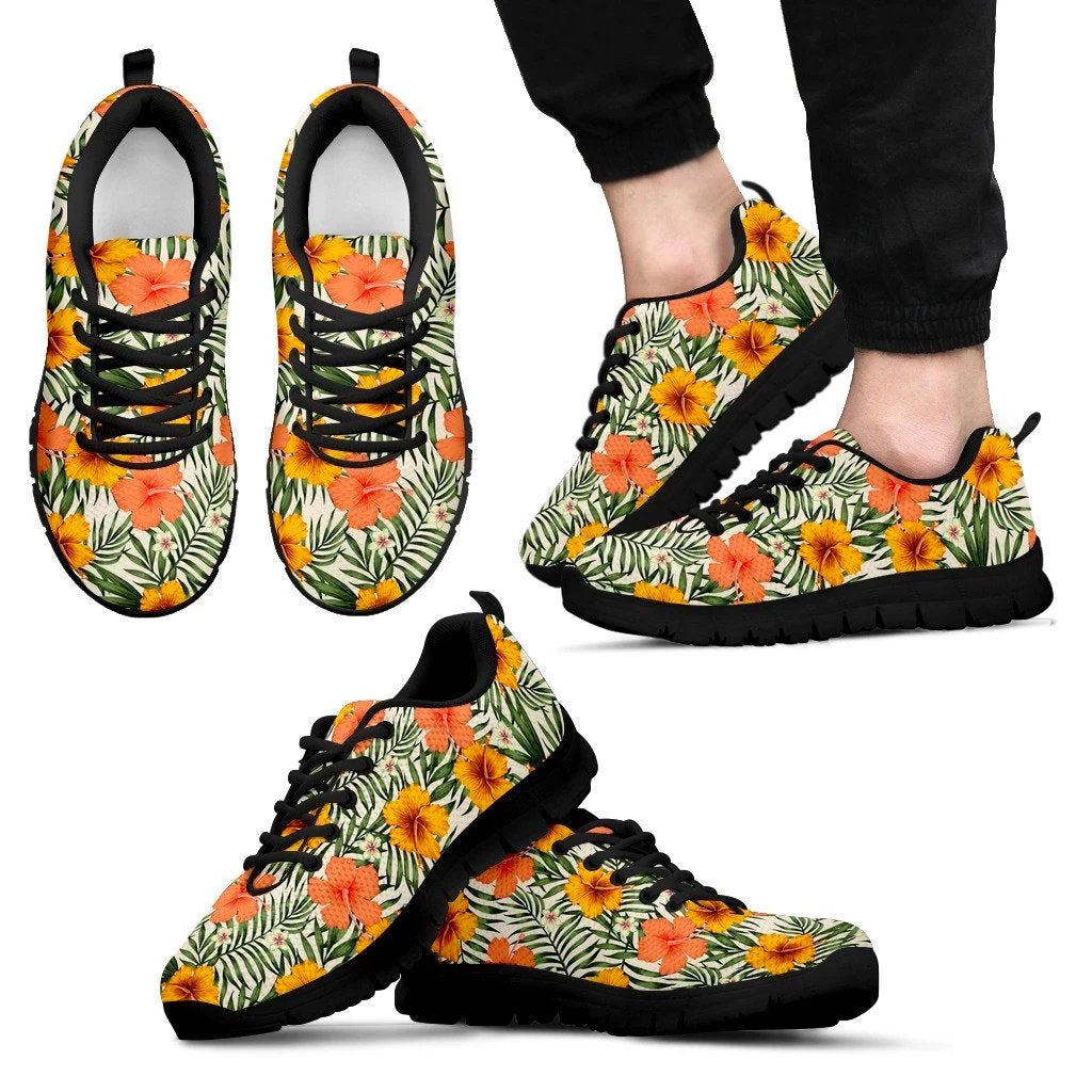 Hawaii Tropical Flowers Hibiscus Pink Yellow Sneakers Men's Sneakers Black - Polynesian Pride