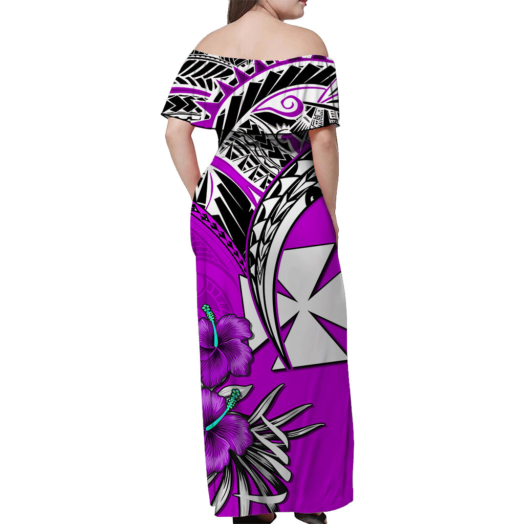 Wallis et Futuna Off Shoulder Long Dress Polynesian Pattern and Hibiscus Flowers Version Purple LT13 - Polynesian Pride
