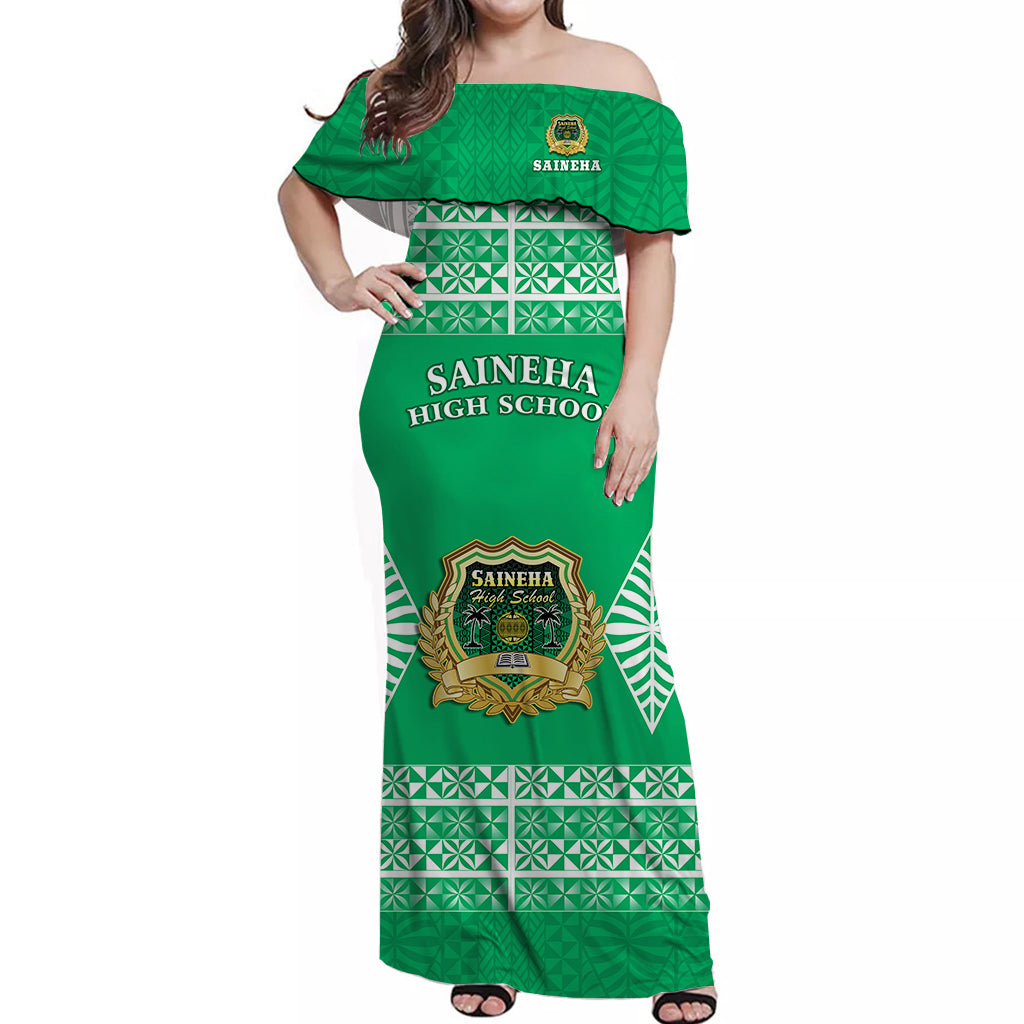 Saineha High School Off Shoulder Long Dress Tonga Pattern LT13 Long Dress Green - Polynesian Pride