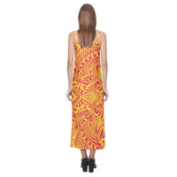 Tonga Pattern V - Neck Open Fork Long Dress - Yellow Style - Polynesian Pride