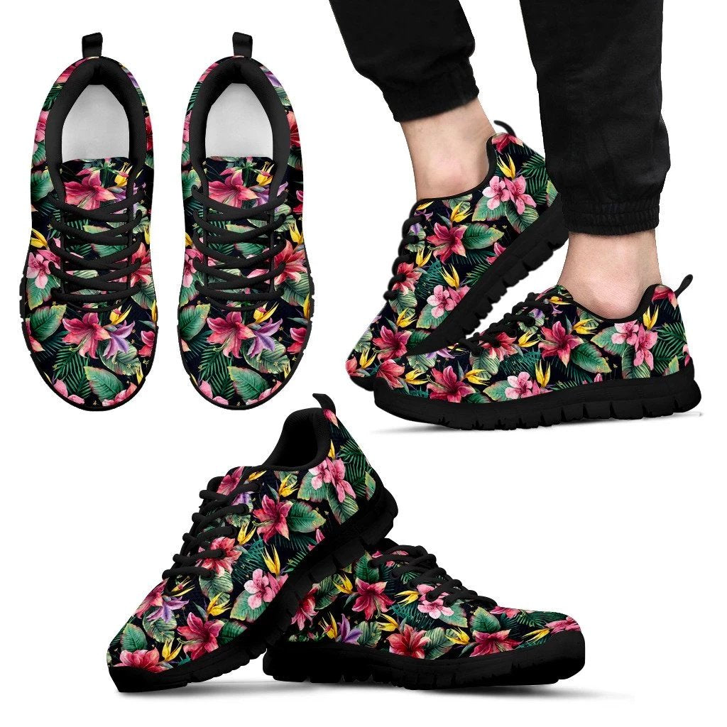 Hawaii Tropical Flowers, Palm And Leaves Sneakers Men's Sneakers Black - Polynesian Pride