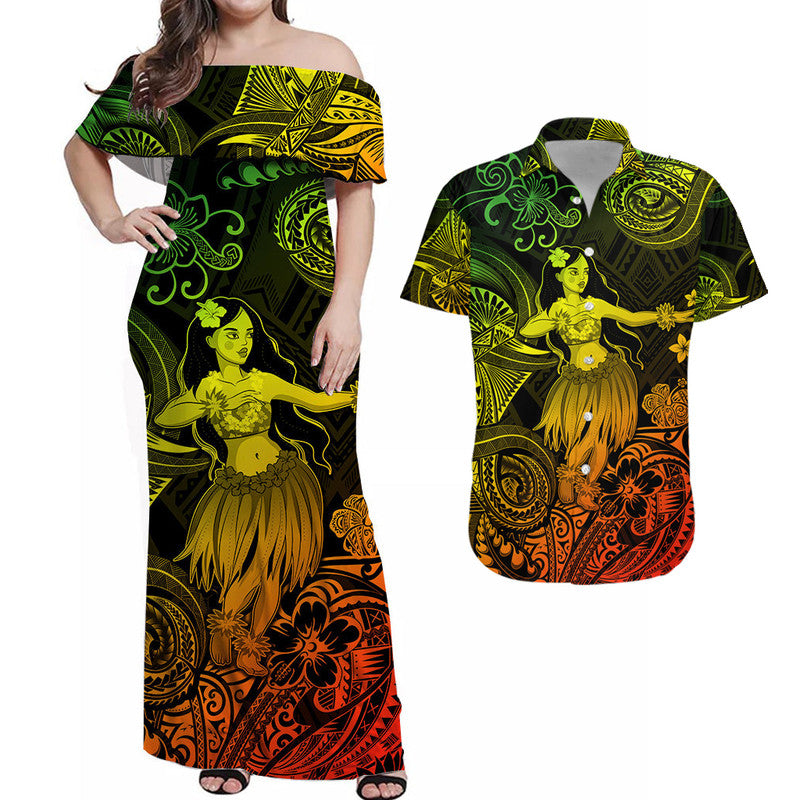 Hawaii Hula Girl Polynesian Matching Dress and Hawaiian Shirt Matching Couples Outfit Unique Style Reggae LT8 Reggae - Polynesian Pride