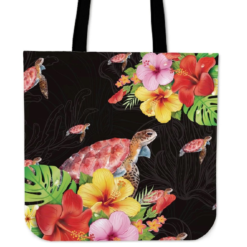 Hibiscus Plumeria Turtle Tote Bag Tote Bag One Size Black - Polynesian Pride