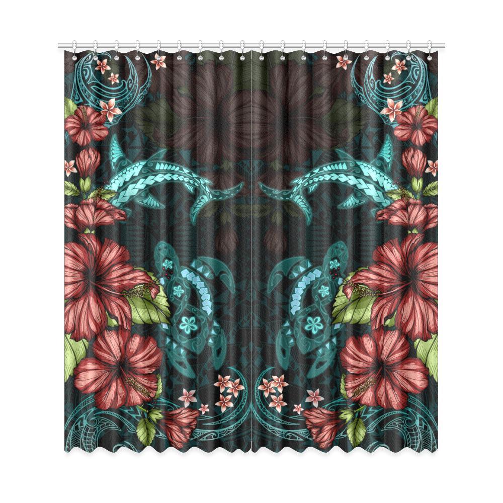 Turtle And Shark With Hibiscus Window Curtain ( Two Piece) Turquoise One Size 50"x108"(Two Piece) Black - Polynesian Pride