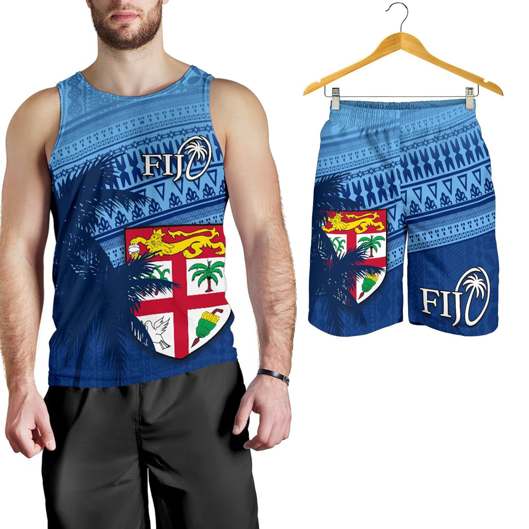 Combo Men Tank Top and Men Short Fiji Rugby Makare And Tapa Patterns Blue Blue - Polynesian Pride