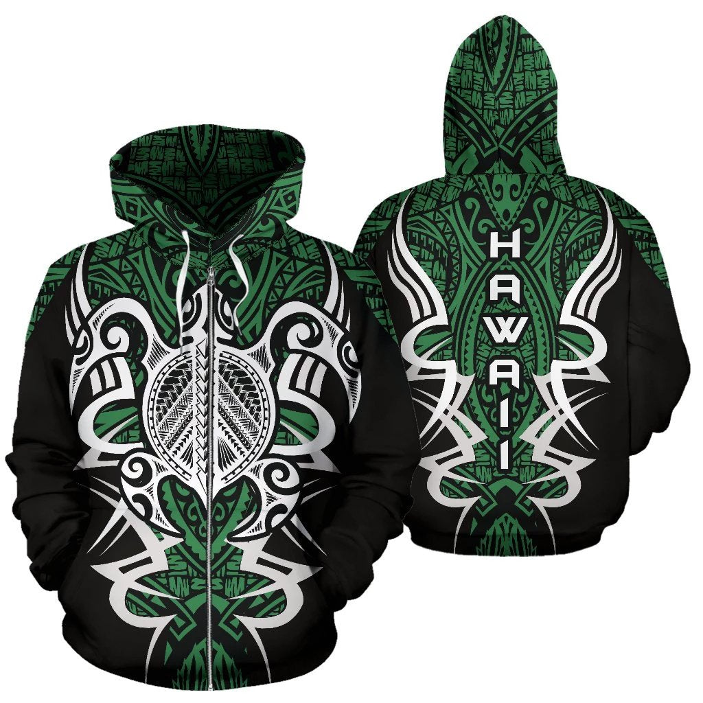 Hawaii Turtle Tribal Green Zip up Hoodie Armor Style Unisex Green - Polynesian Pride