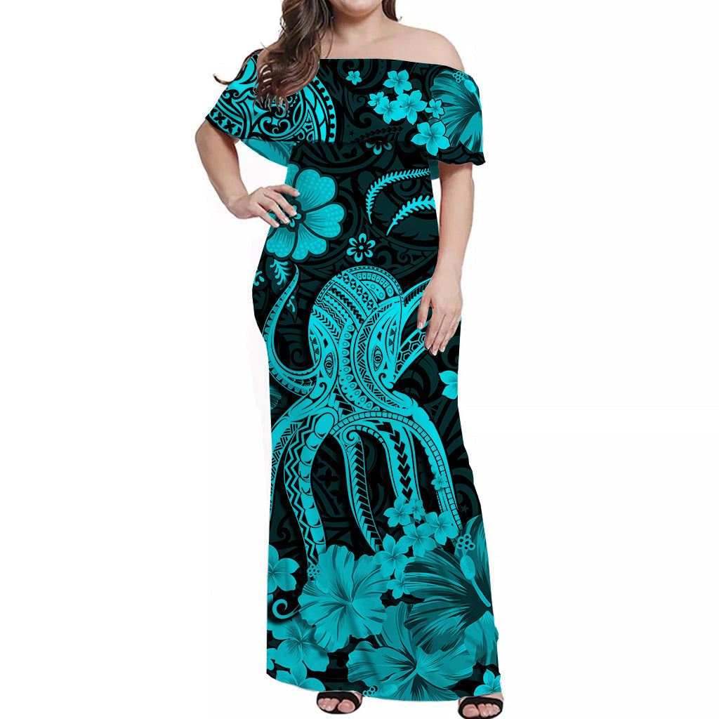 Hawaii Off Shoulder Long Dress Polynesia Turquoise Octopus LT13 Women Turquoise - Polynesian Pride