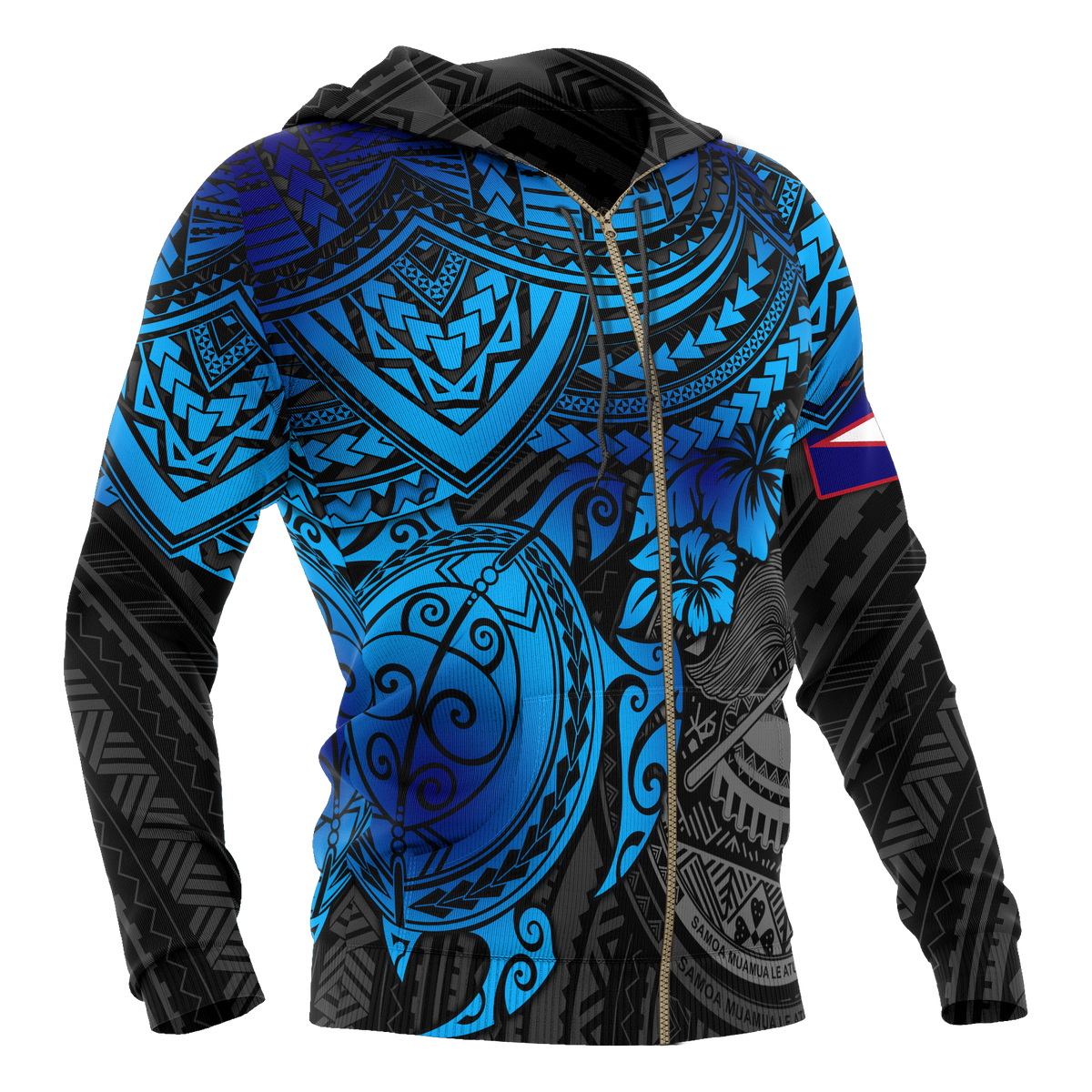 American Samoa Polynesian Hoodie (Zip up) Blue Turtle - Polynesian Pride