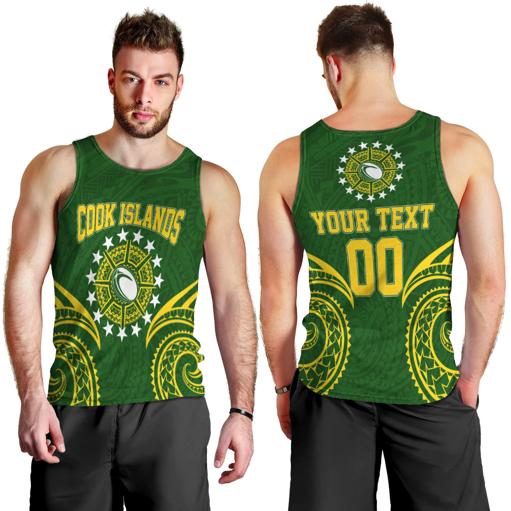 (Custom Personalised) Cook Islands Rugby Men's Tank Top - Tribal Pattern - LT12 Green - Polynesian Pride