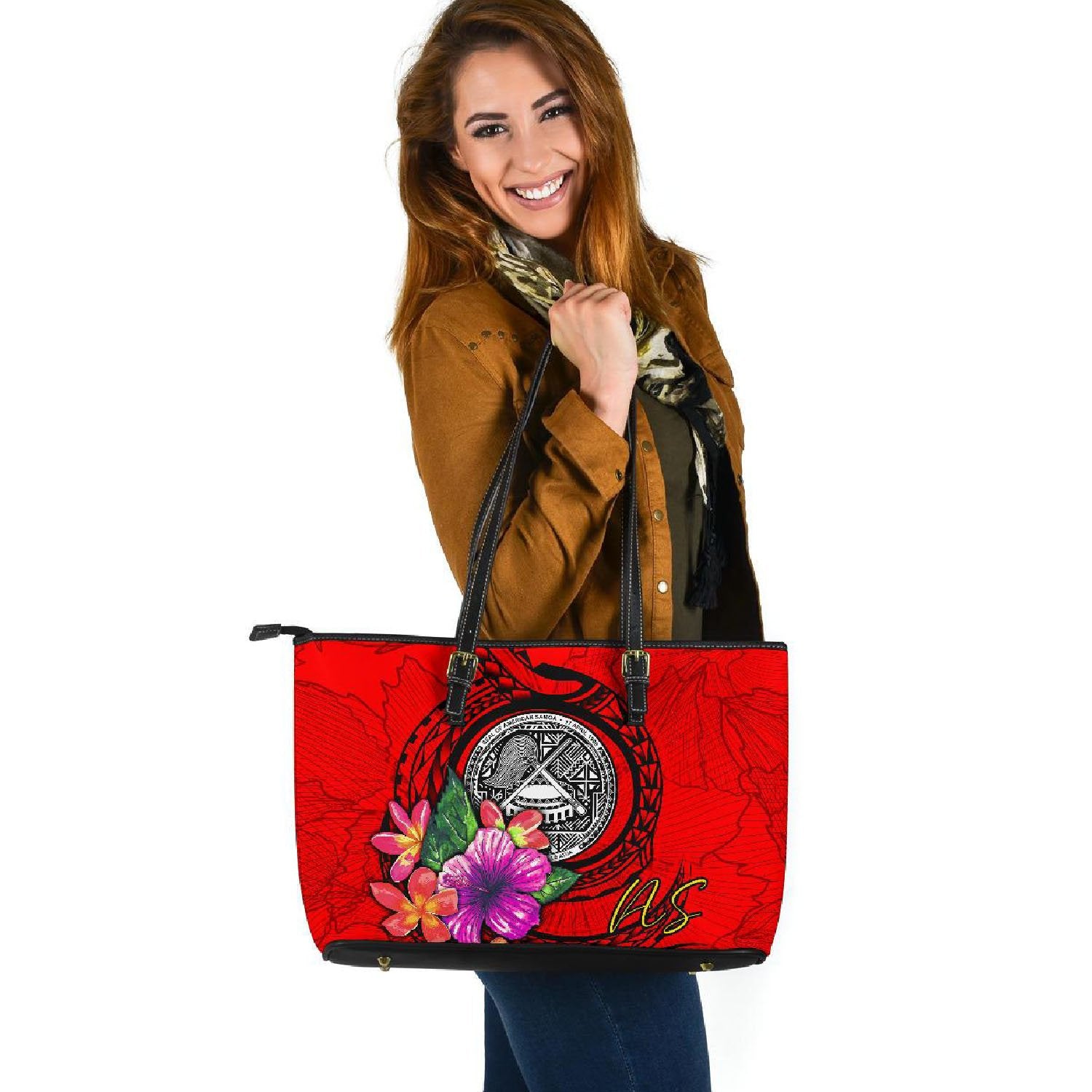 American Samoa Polynesian Large Leather Tote - Floral With Seal Red Red - Polynesian Pride