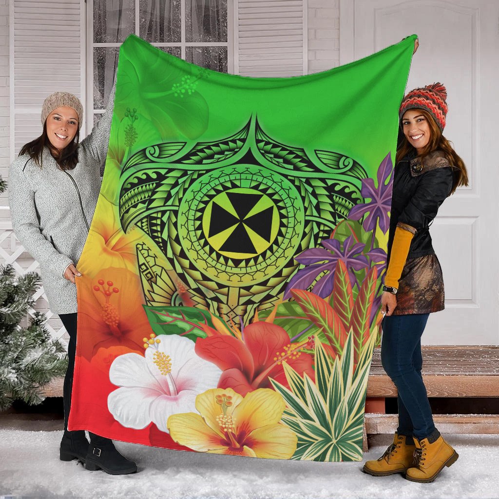 Wallis and Futuna Premium Blanket - Manta Ray Tropical Flowers (Green) - Polynesian Pride