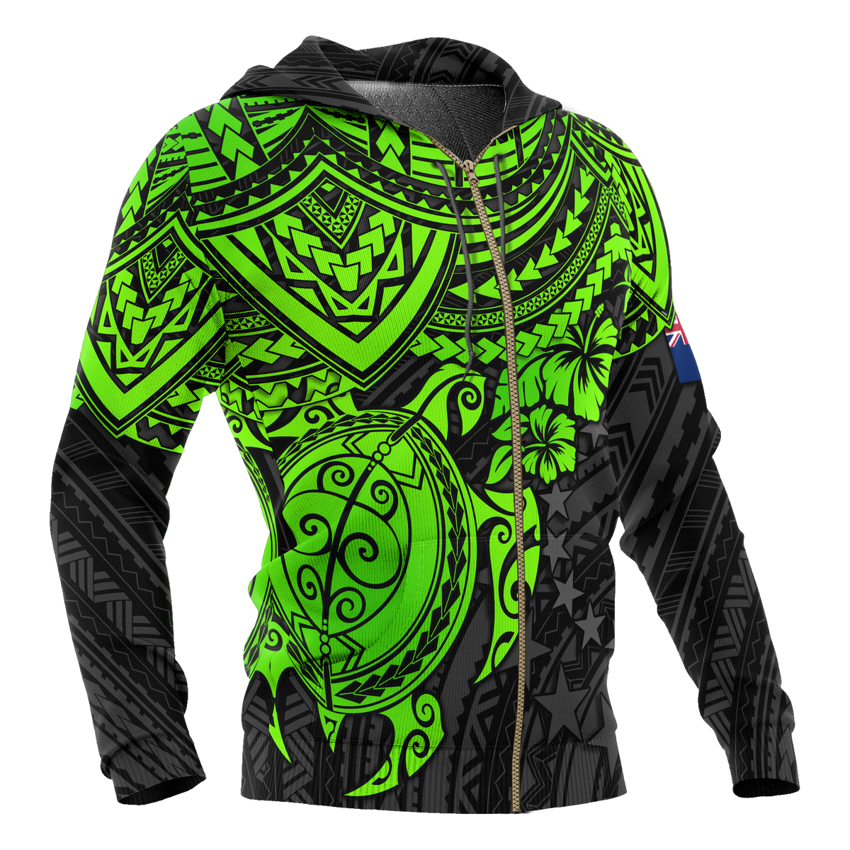 Cook Islands Polynesian Zip up Hoodie Green Turtle - Polynesian Pride