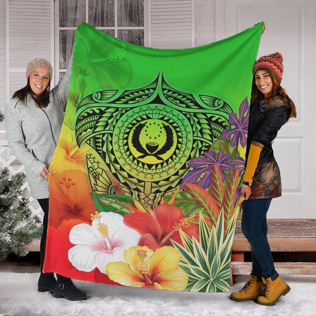 Pohnpei Premium Blanket - Manta Ray Tropical Flowers (Green) - Polynesian Pride