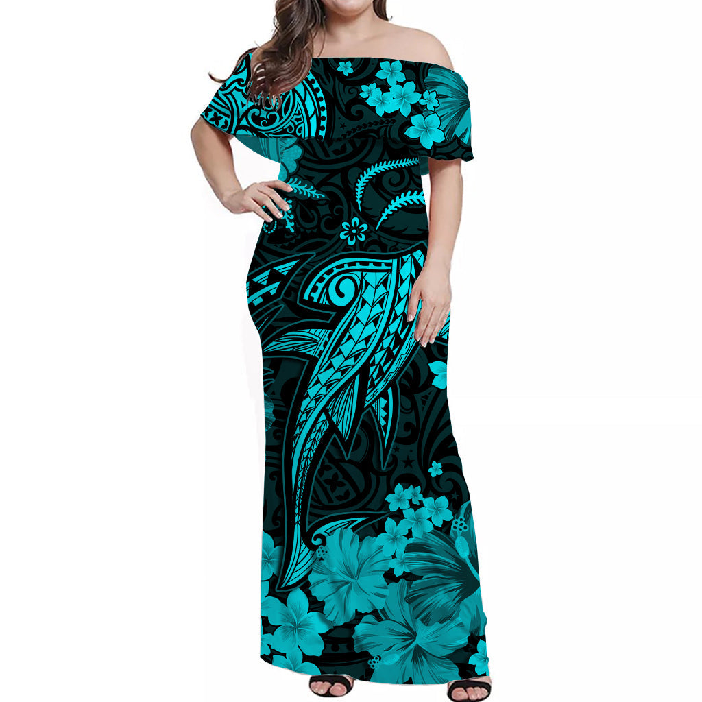 Hawaii Off Shoulder Long Dress Polynesia Turquoise Shark LT13 Women Turquoise - Polynesian Pride