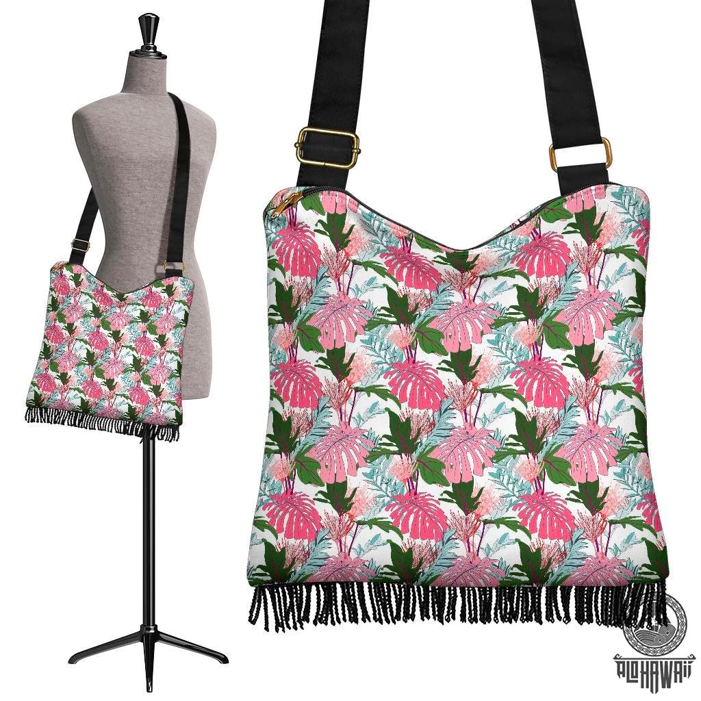 Hawaii Pink Monstera And Green Tropical Leaves White Crossbody Boho Handbag Crossbody Boho Handbag One Size Pink - Polynesian Pride