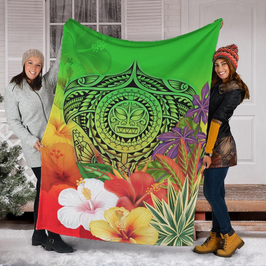 Polynesian Premium Blanket - Manta Ray Tropical Flowers (Green) - Polynesian Pride