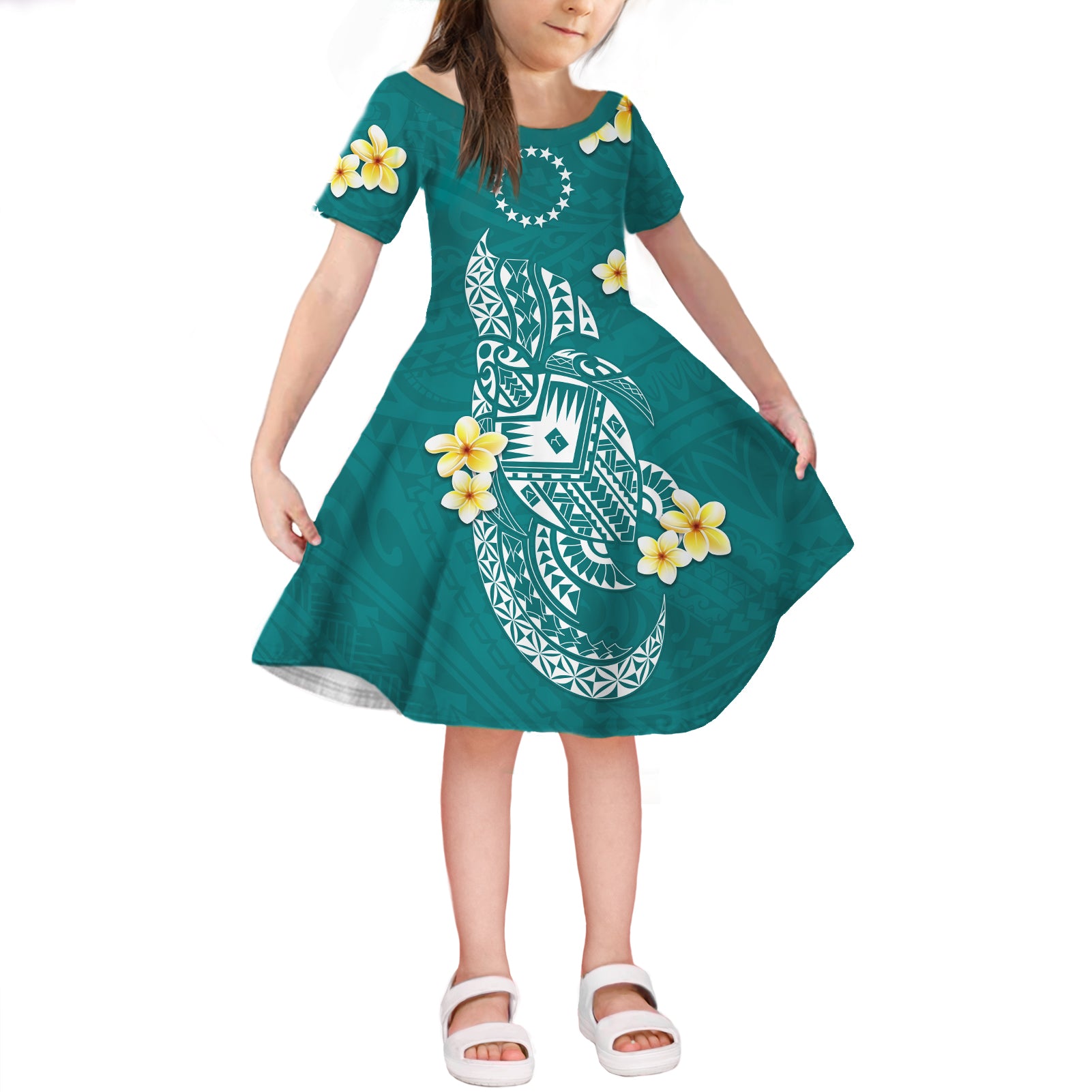 Cook Islands Tatau Short Sleeves Dress KID Symbolize Passion Stars Polynesian Turtle Turquoise LT13 KID Turquoise - Polynesian Pride