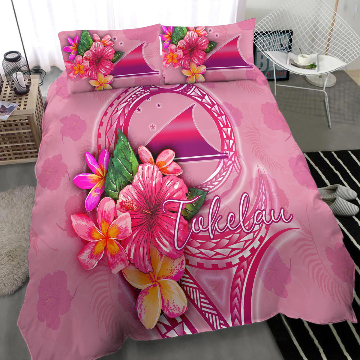 Tokelau Polynesian Bedding Set - Floral With Seal Pink - Polynesian Pride