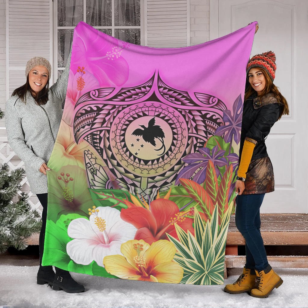 Papua New Guinea Polynesian Premium Blanket - Manta Ray Tropical Flowers - Polynesian Pride