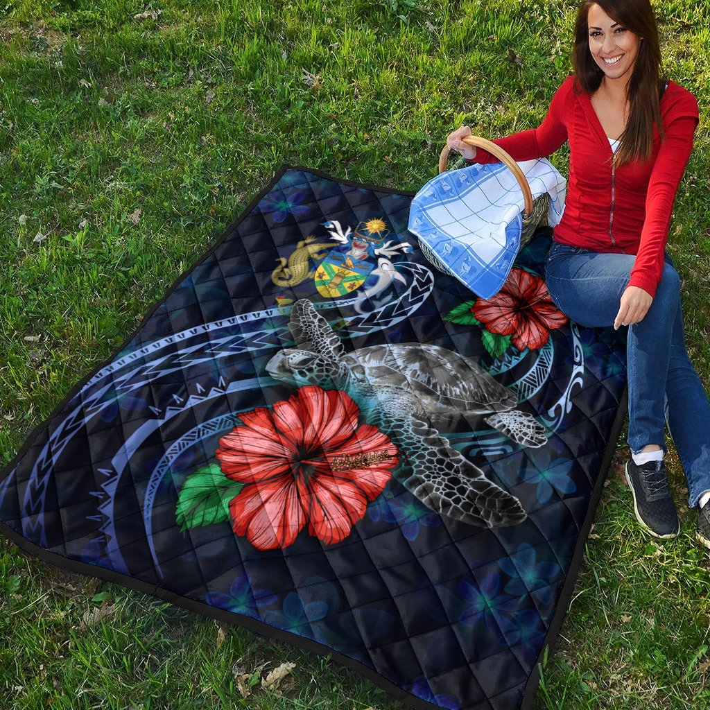 Solomon Islands Polynesian Premium Quilt - Blue Turtle Hibiscus - Polynesian Pride