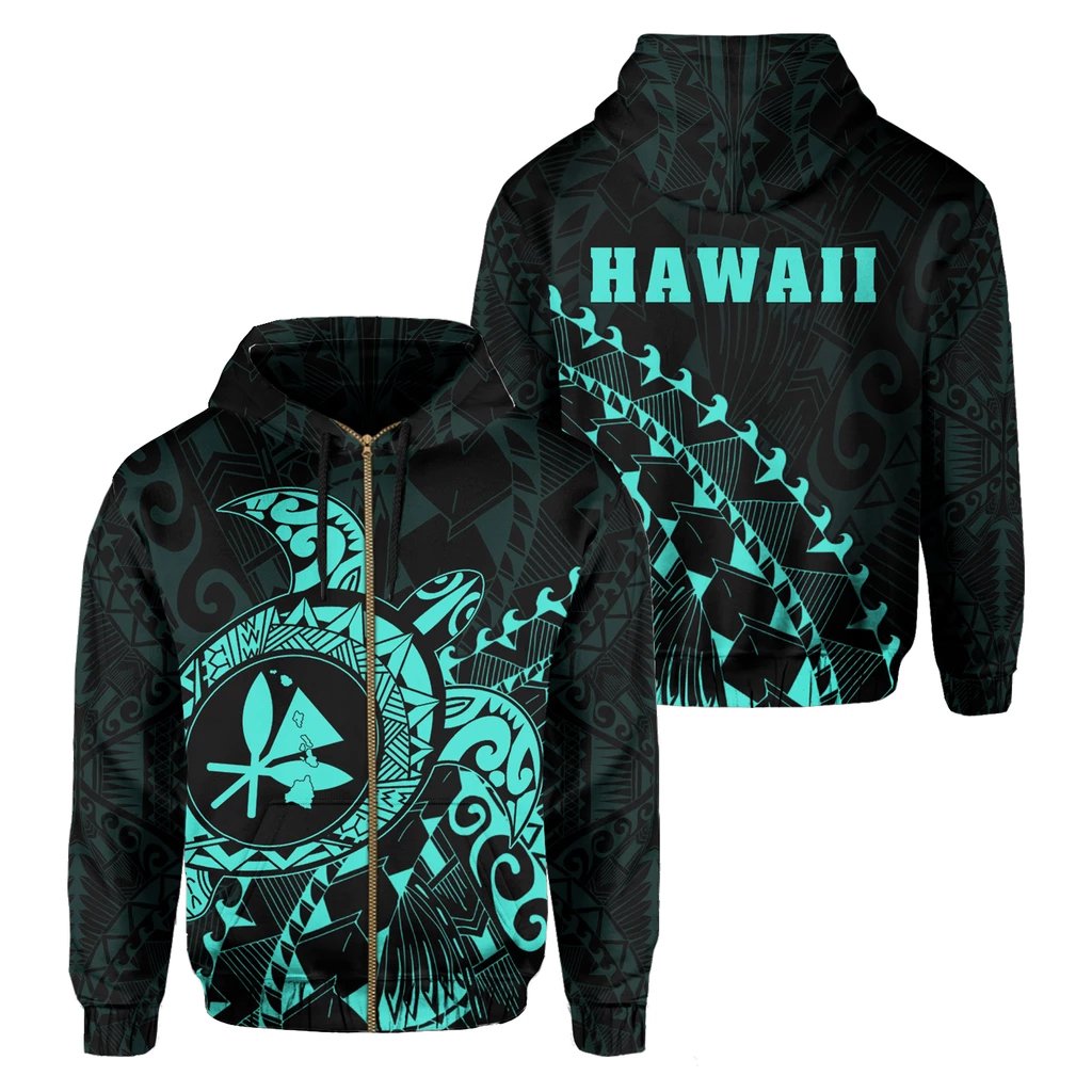 Kanaka Map Zipper Hoodie (Turqoise) Turtle Style Unisex Blue Sea - Polynesian Pride
