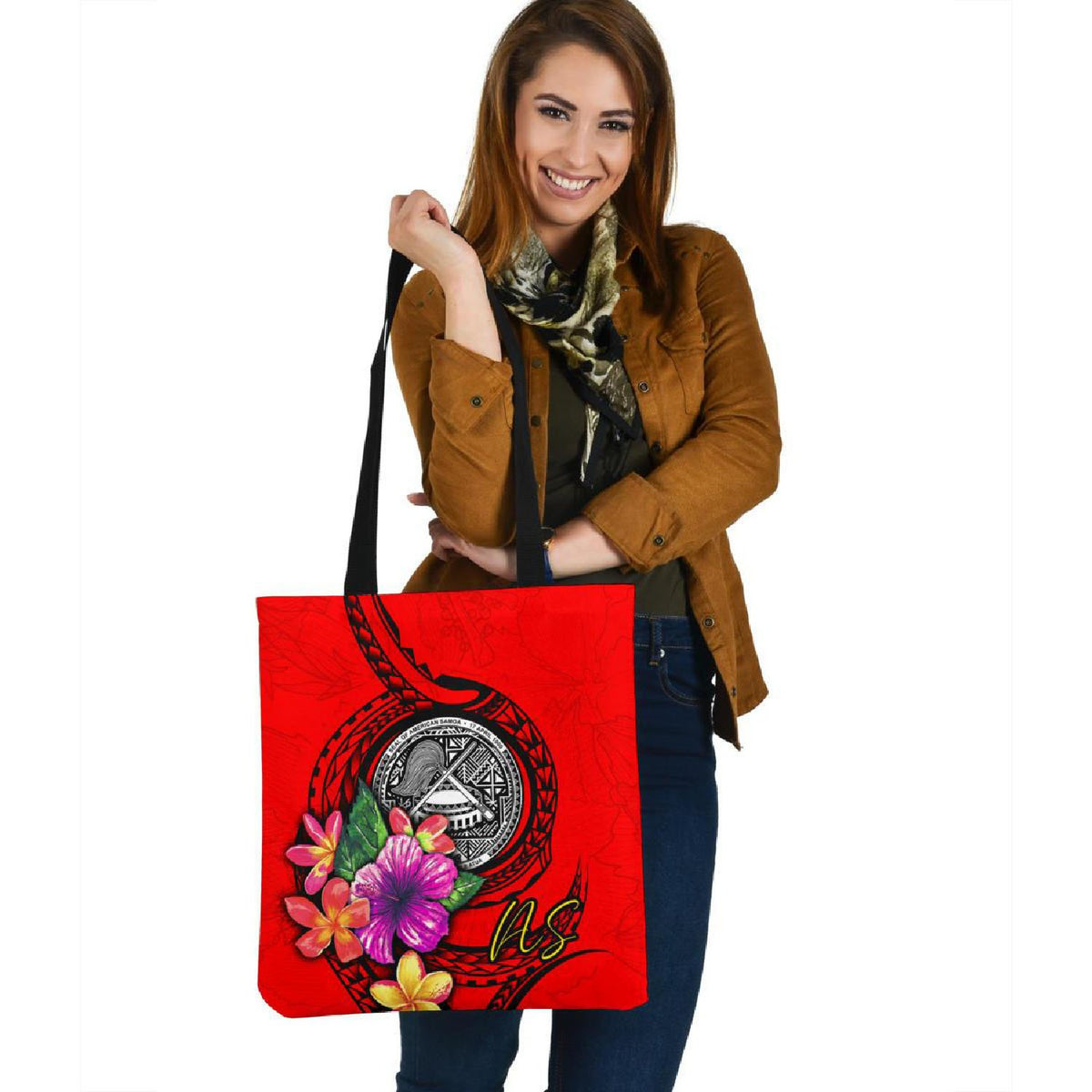 American Samoa Polynesian Tote Bag - Floral With Seal Red Tote Bag One Size Red - Polynesian Pride