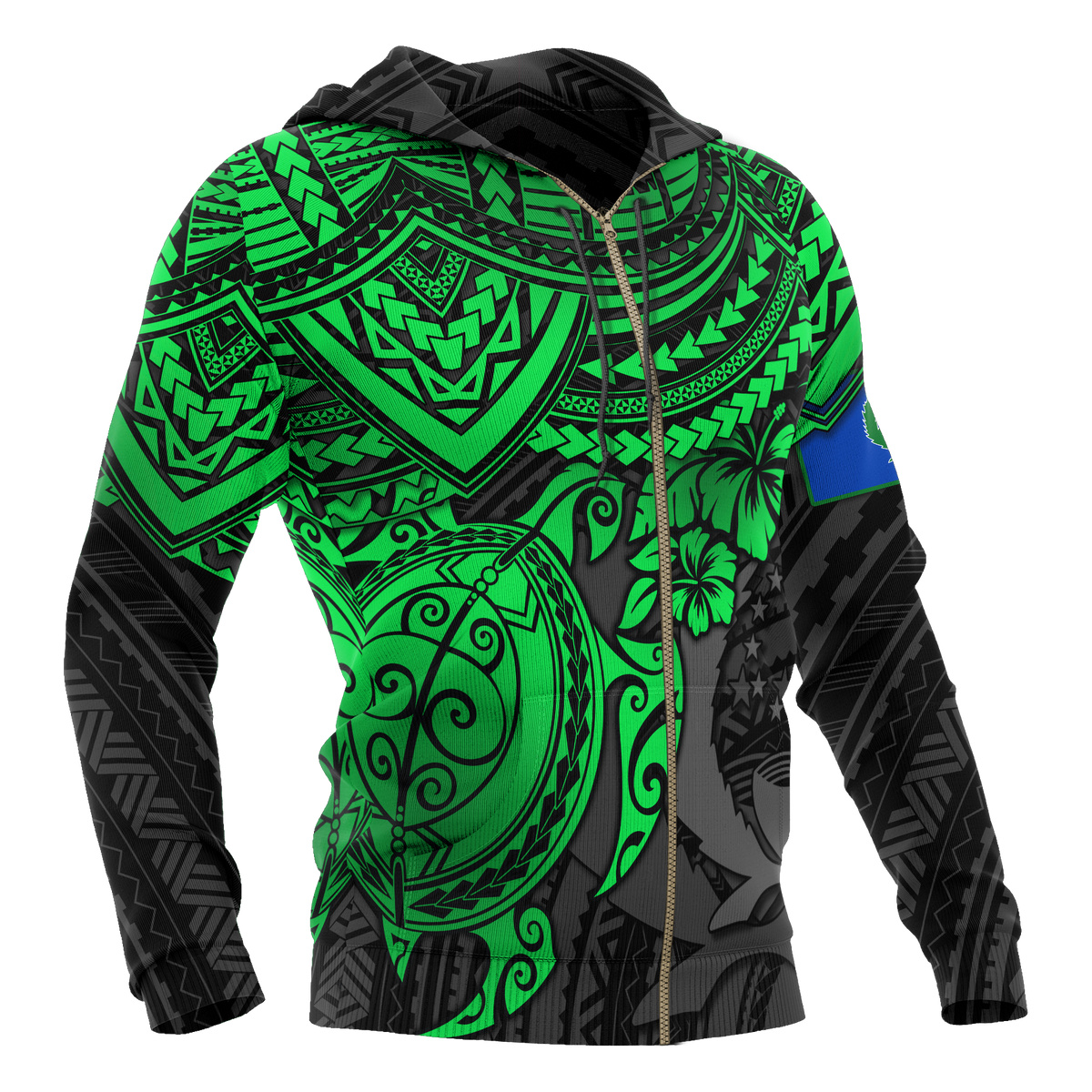 Pohnpei Polynesian Zip Hoodie Polynesian Green Turtle - Polynesian Pride