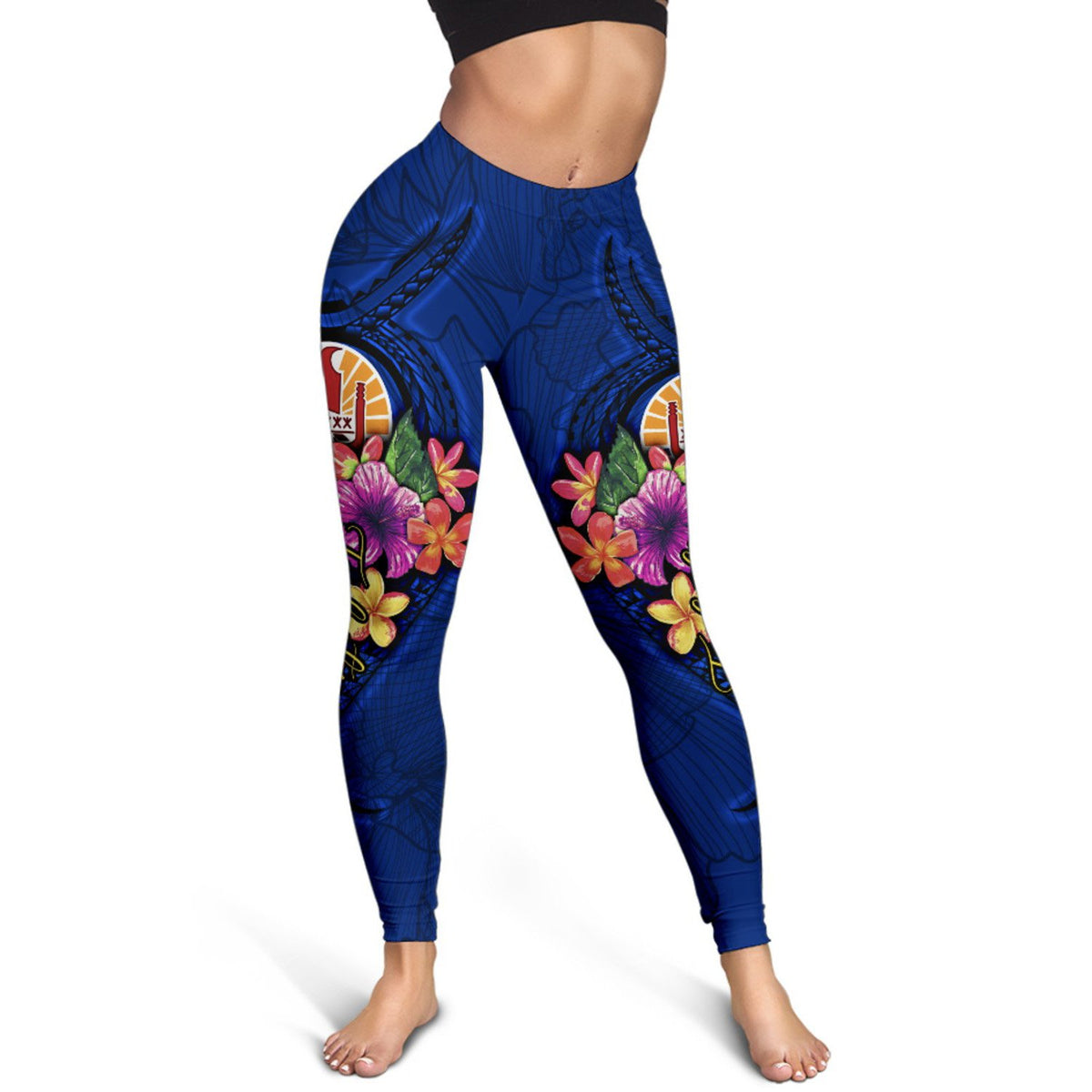 Tahiti Polynesian Women's Leggings - Floral With Seal Blue - Polynesian Pride