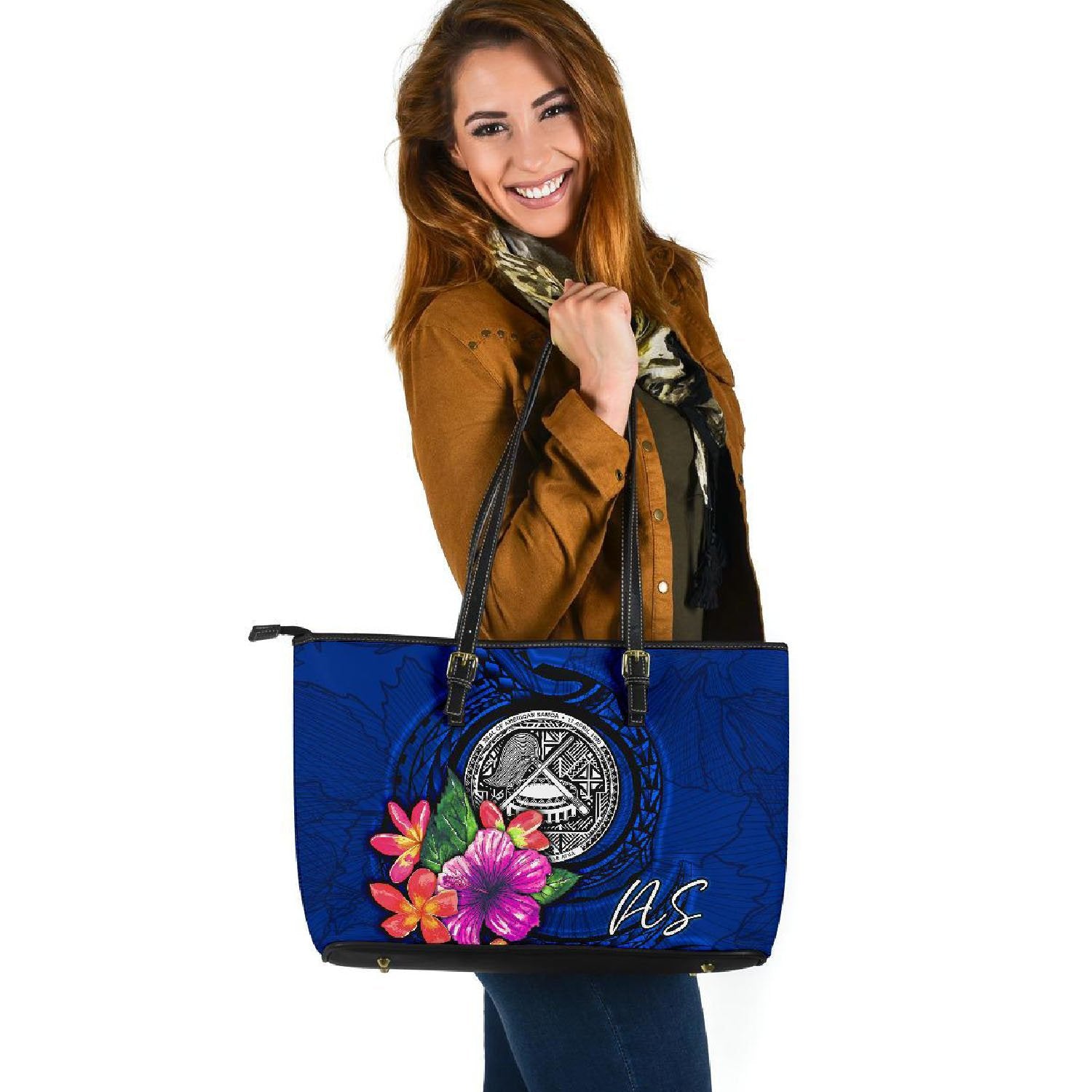 American Samoa Polynesian Large Leather Tote - Floral With Seal Blue Blue - Polynesian Pride