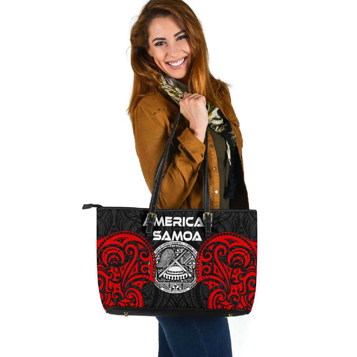 American Samoa Polynesian Large Leather Tote - American Samoan Spirit - Polynesian Pride