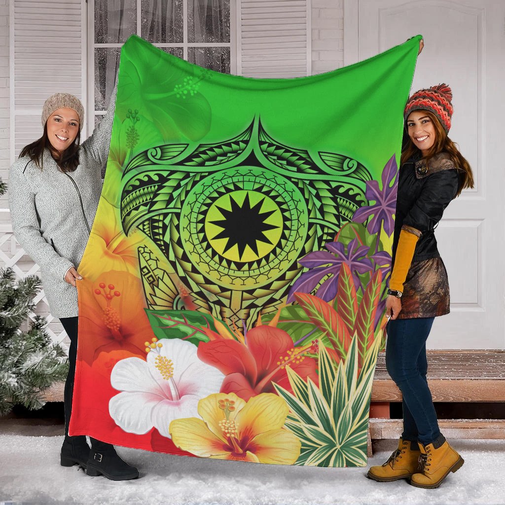 Nauru Premium Blanket - Manta Ray Tropical Flowers (Green) - Polynesian Pride