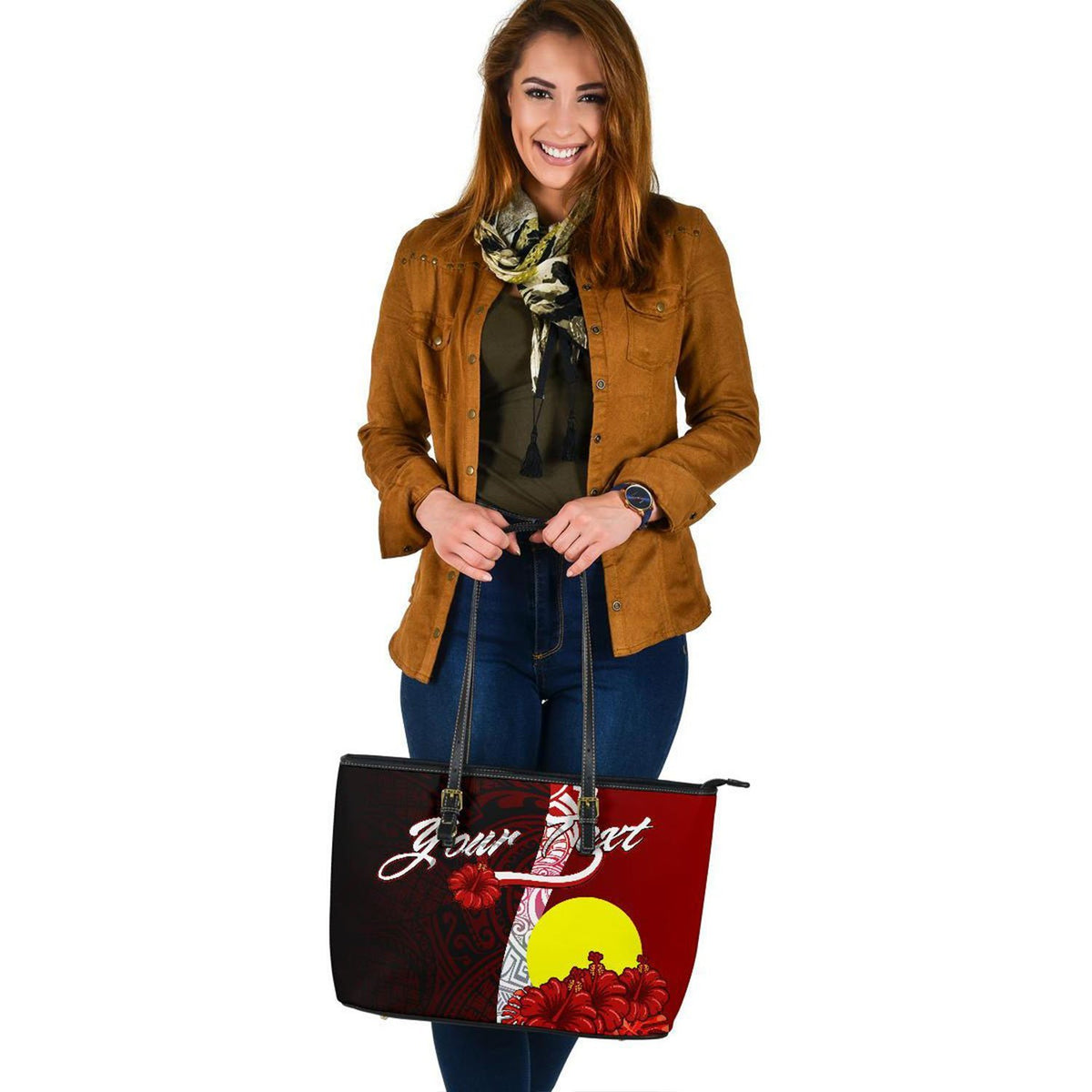 Palau Polynesian Custom Personalised Leather Tote Bag - Coat Of Arm With Hibiscus - Polynesian Pride