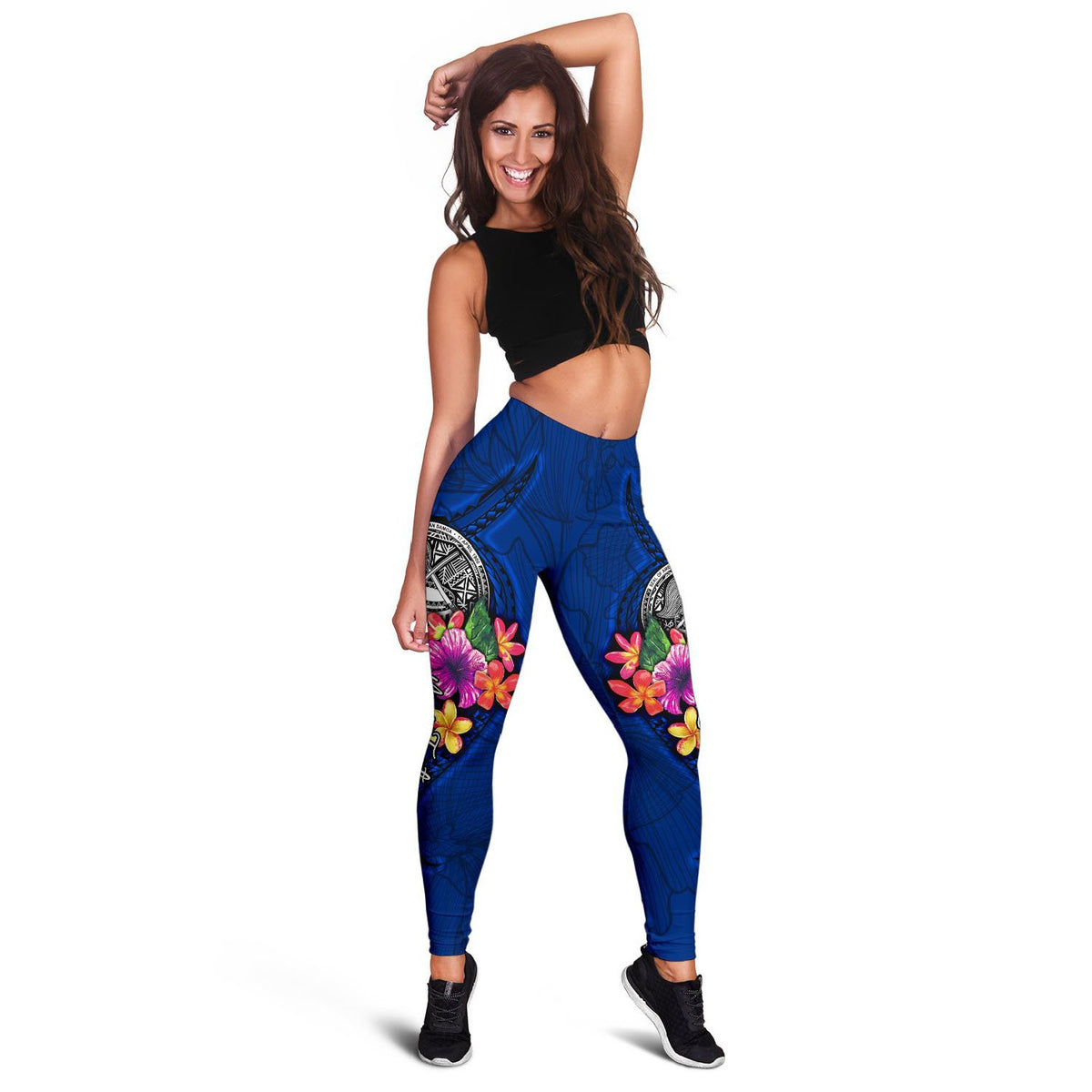 American Samoa Polynesian Custom Personalised Women's Leggings - Floral With Seal Blue - Polynesian Pride