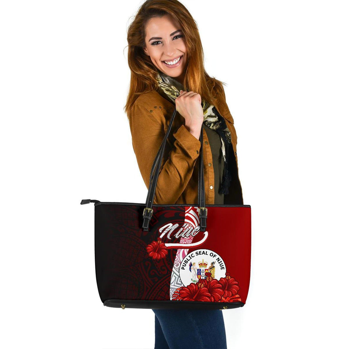 Niue Polynesian Leather Tote Bag - Coat Of Arm With Hibiscus - Polynesian Pride