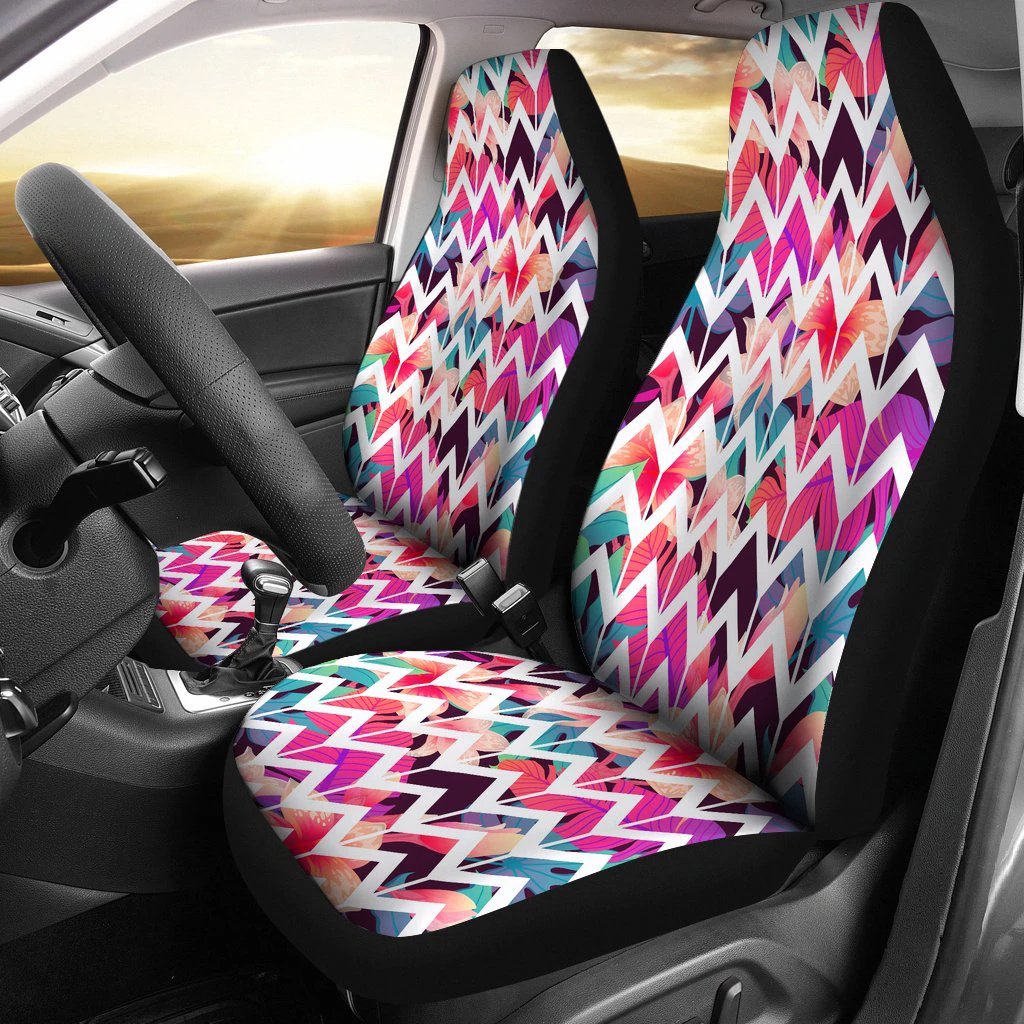 Hawaiian Palm Foliage On Striped Zigzag Car Seat Cover - Polynesian Pride