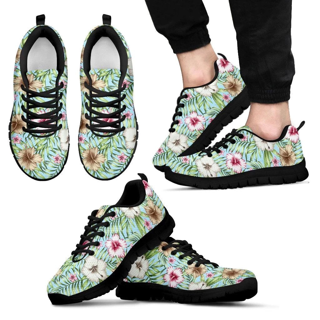 Hawaii Tropical Hibiscus Palm Leaves Sneakers Men's Sneakers Black - Polynesian Pride