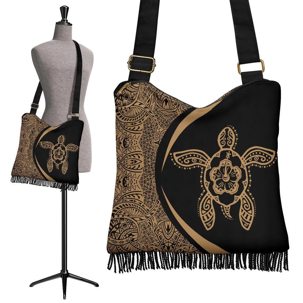 Hawaii Turtle Polynesian Crossbody Boho Handbag-Circle Style Gold Crossbody Boho Handbag One Size Black - Polynesian Pride